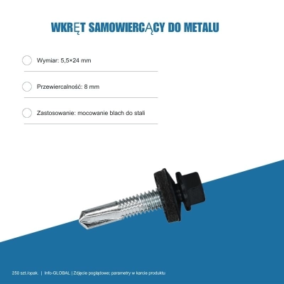 Wkręt samowiercący do metalu 5,5x24 mm, przewiercalność 8 mm, EPDM, 250 szt. – kolor do wyboru